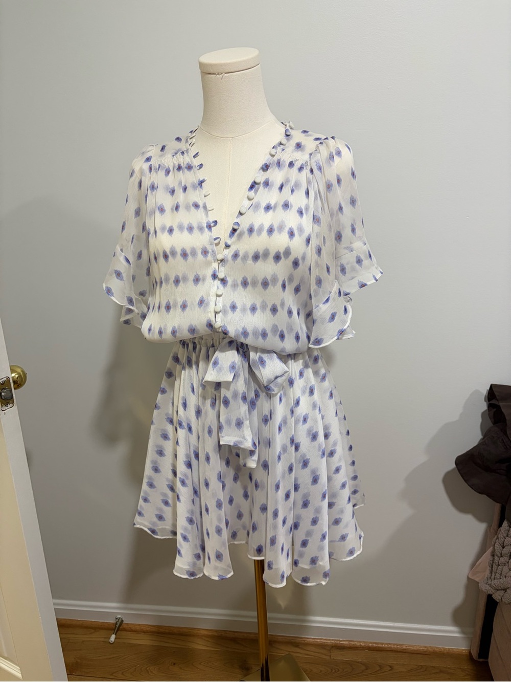 Misa Los Angeles White Dress with Lavender Dot Print and Tie Waist